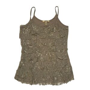 David Kahn Women's Tank Top Pullover Beige Medium Sleeveless Crew Neck Lace Ruff